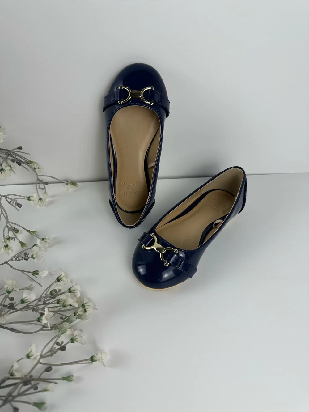 Janie and Jack Girls Navy Patent Ballet Flats Gold Hardware Size 9